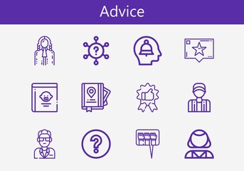 Premium set of advice line icons. Simple advice icon pack. Stroke vector illustration on a white background. Modern outline style icons collection of Guide, Guide book, Psychologist
