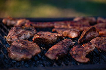 roasted chicken and pork steak with sausages. grilled meat cooked and smoked