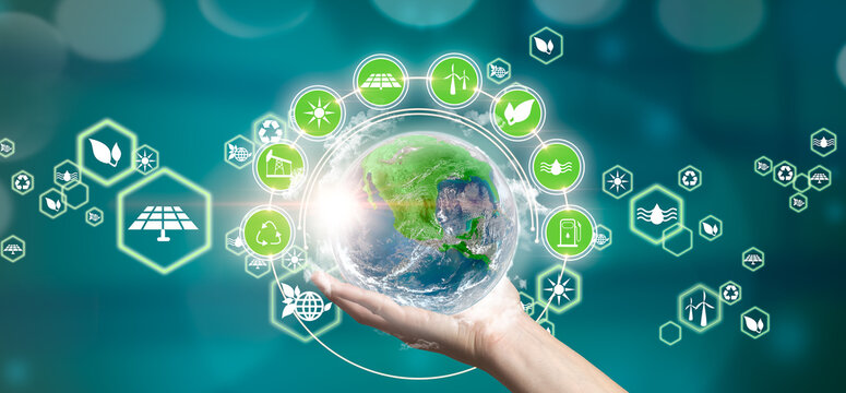 Woman holding planet Earth with recycling symbols and green planet. Elements of this image furnished by NASA