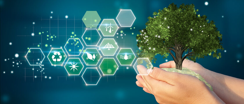 Woman holding tree with recycling symbols and green planet. Elements of this image furnished by NASA