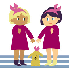 お揃いのワンピースドレスを着た肌の色が違う仲良しの女の子と同じ髪飾り犬