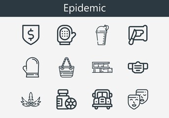 Premium set of epidemic line icons. Simple epidemic icon pack. Stroke vector illustration on a white background. Modern outline style icons collection of Hand bag, Bus