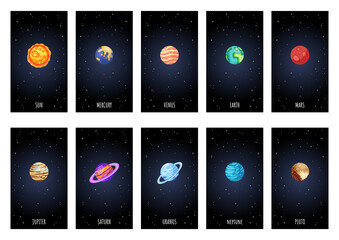 Set of cartoon vertical posters with planets, stars and satellites. Cosmos theme collection. Solar system outer space planets children banners of astronomic objects for web, stories and media. © Olga