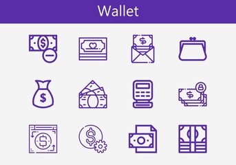 Premium set of wallet line icons. Simple wallet icon pack. Stroke vector illustration on a white background. Modern outline style icons collection of Money, Purse, Dollar