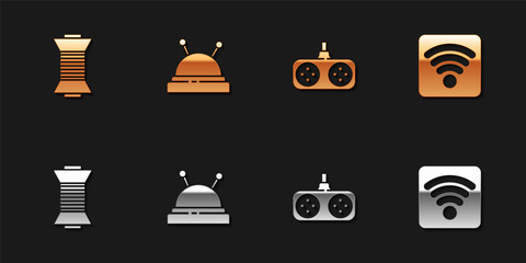 Set Sewing thread on spool, Needle bed and needles, Gamepad and Wi-Fi wireless internet network icon. Vector