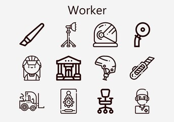 Premium set of worker [S] icons. Simple worker icon pack. Stroke vector illustration on a white background. Modern outline style icons collection of Helmet, Bank, Cutter, Reflector, Forklift