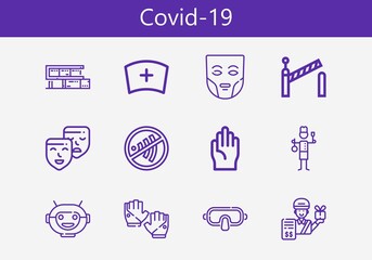 Premium set of covid-19 line icons. Simple covid-19 icon pack. Stroke vector illustration on a white background. Modern outline style icons collection of Robot mask, Gloves, Delivery man, Staff