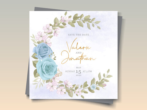 Hand Drawn Wedding Card Design With Floral Blue Ornaments