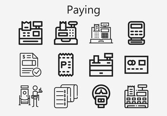 Premium set of paying [S] icons. Simple paying icon pack. Stroke vector illustration on a white background. Modern outline style icons collection of Invoice, Cash register, Parking meter, Mastercard