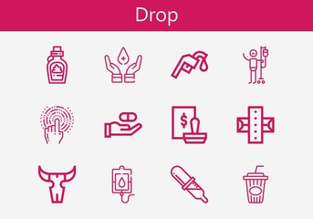 Premium set of drop line icons. Simple drop icon pack. Stroke vector illustration on a white background. Modern outline style icons collection of Medicine, Cola, Tap, Stamp, Blood donation, Chocolate