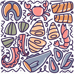 hand drawn sea food doodle set