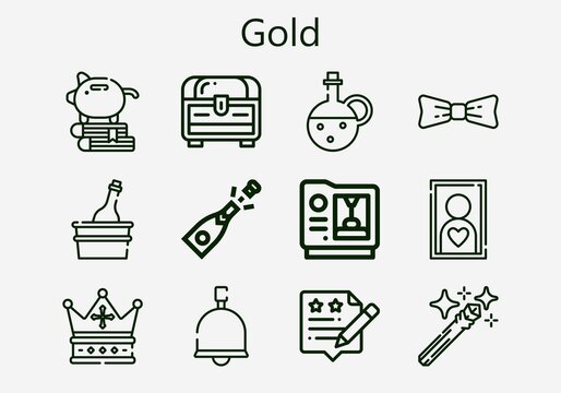 Premium Set Of Gold [S] Icons. Simple Gold Icon Pack. Stroke Vector Illustration On A White Background. Modern Outline Style Icons Collection Of Chest, 3d, Frame, Crown, Oil, Magic Wand, Rating