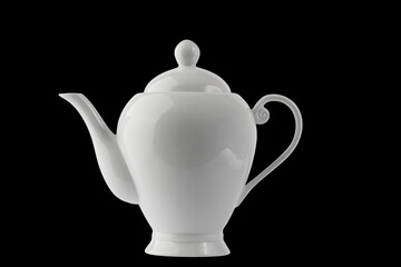 white porcelain tea ware, set details, isolate on a black background