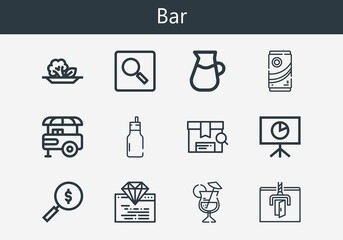Premium set of bar line icons. Simple bar icon pack. Stroke vector illustration on a white background. Modern outline style icons collection of Lemonade, Coding, Milkshake, Search, Cocktail