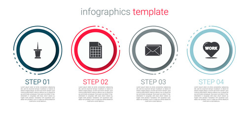 Set Push pin, File document, Envelope and Heart with text work. Business infographic template. Vector