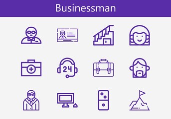 Premium set of businessman line icons. Simple businessman icon pack. Stroke vector illustration on a white background. Modern outline style icons collection of Bodyguard, Personal computer, Briefcase
