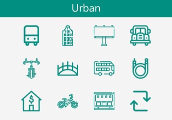 Premium set of urban line icons. Simple urban icon pack. Stroke vector illustration on a white background. Modern outline style icons collection of Building, Bus, Repeat