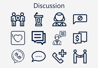 Premium set of discussion [S] icons. Simple discussion icon pack. Stroke vector illustration on a white background. Modern outline style icons collection of Agreement, Chat, Psychologist, Badoo