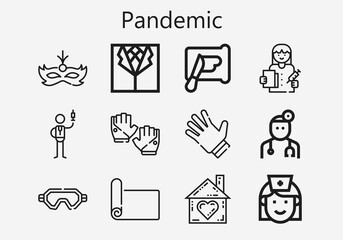 Premium set of pandemic [S] icons. Simple pandemic icon pack. Stroke vector illustration on a white background. Modern outline style icons collection of Mat, Gloves, Spreading, Mask, Suit