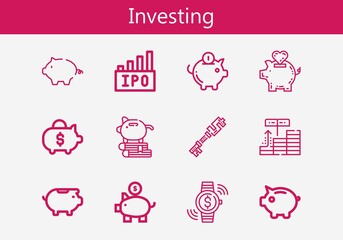 Premium set of investing line icons. Simple investing icon pack. Stroke vector illustration on a white background. Modern outline style icons collection of Piggy bank, Ipo, Investment