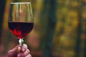 a glass of red wine served in the nature