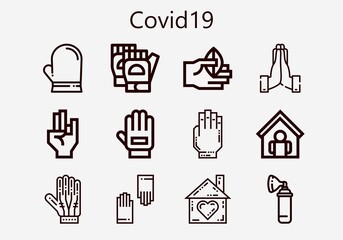 Premium set of covid19 [S] icons. Simple covid19 icon pack. Stroke vector illustration on a white background. Modern outline style icons collection of Hands, Glove, Oxygen, Gloves, Home