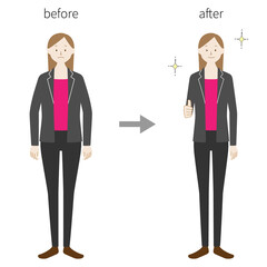 Illustration set of a woman (before and after weight loss) (white background, vector, cutout)