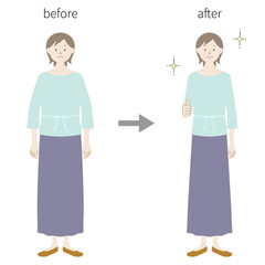 Illustration set of a woman (before and after weight loss) (white background, vector, cutout)