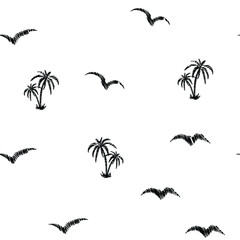 Fototapeta na wymiar Black and white beach pattern with palm trees and birds for fabrics