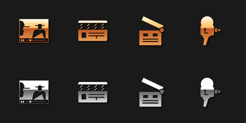 Set Online play video, Movie clapper, and Retro cinema camera icon. Vector