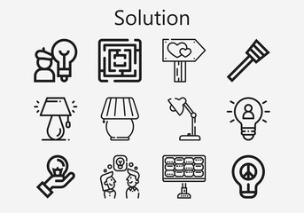 Premium set of solution [S] icons. Simple solution icon pack. Stroke vector illustration on a white background. Modern outline style icons collection of Idea, Labyrinth, Signpost, Lamp, Solar panel