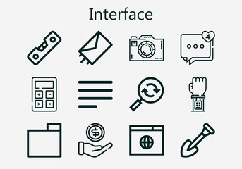 Premium set of interface [S] icons. Simple interface icon pack. Stroke vector illustration on a white background. Modern outline style icons collection of Comment, Money, Shovel, Reload, Calculator
