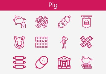 Premium set of pig line icons. Simple pig icon pack. Stroke vector illustration on a white background. Modern outline style icons collection of Boar, Sausage, Bank, Piggy bank