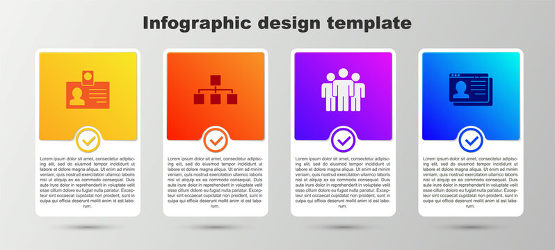 Set Identification badge, Hierarchy organogram chart, Users group and Resume. Business infographic template. Vector