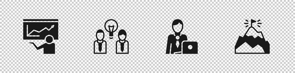 Set Training, presentation, People with lamp bulb, Businessman and Mountains flag icon. Vector