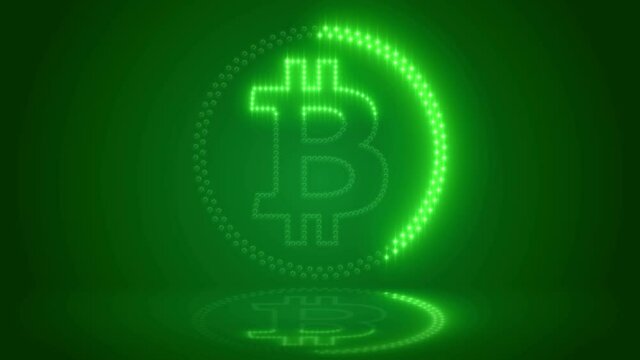Video animation of bitcoin logo with green LEDs on dark reflective background - digital currency - cryptocurrency