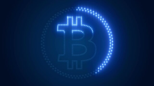 Video animation of bitcoin logo with blue LEDs on dark background - digital currency - cryptocurrency