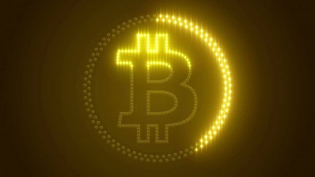 Video animation of bitcoin logo with yellow LEDs on dark background - digital currency - cryptocurrency