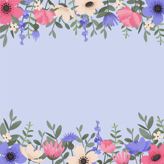 Decorative borders with summer flowers. Floral greeting card with place for text. Template for invitation card with beautiful peonies and anemone flowers. Vector illustration - 420195914