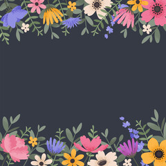 Decorative borders with summer flowers. Floral greeting card with place for text. Template for invitation card with beautiful peonies and anemone flowers. Vector illustration - 420195949