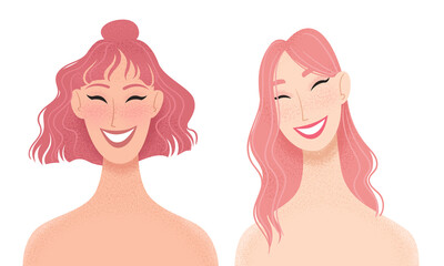 Portrait of two beautiful women. Girlfriends, couple, friends or sisters vector flat concept illustration.  - 420196110