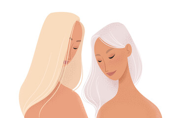 Portrait of two beautiful women. Girlfriends, couple, friends or sisters vector flat concept illustration.  - 420196113