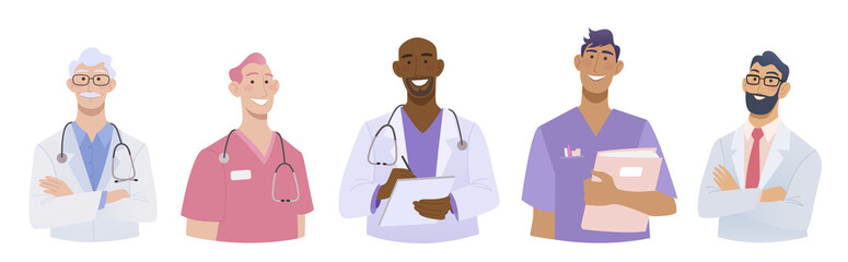 Medical group of doctor, nurse and intern. Male health care team characters avatar. Flat vector illustration