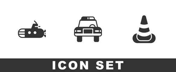 Set Submarine, Police car and flasher and Traffic cone icon. Vector