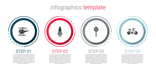 Set Helicopter, Rocket ship with fire, Speed limit traffic and Bicycle. Business infographic template. Vector