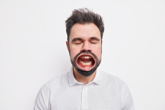 Headshot of furious mad bearded man stands with eyes shut keeps mouth opened screams loudly expresses anger dressed in casual shirt isolated over white background. People and emotions concept