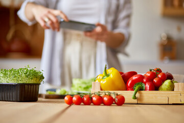 Woman taking photo of healthy salad with smartphone for her blog on kitchen at home, Food blogger concept, healthy lifestyle.