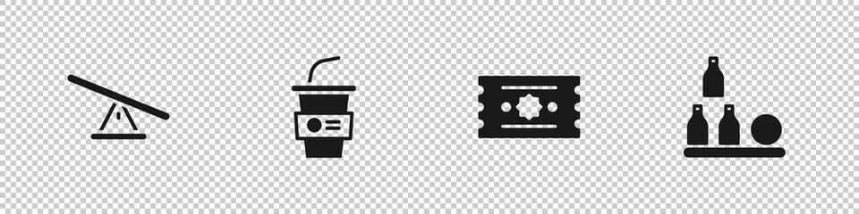 Set Seesaw, Paper glass with water, Ticket and Bottles ball icon. Vector
