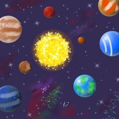 Fototapeta na wymiar drawing of solar system planet with sun earth and stars