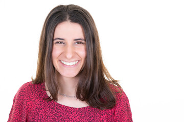 beautiful laughing young brunette woman wearing red shirt against white background